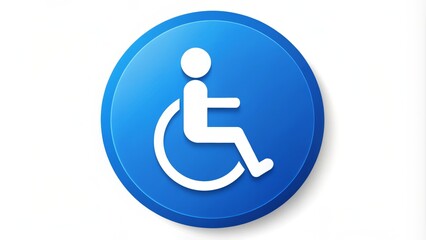 A blue circle icon featuring a white image of a person in a wheelchair, indicating accessibility and handicap assistance, for use on signs and labels.