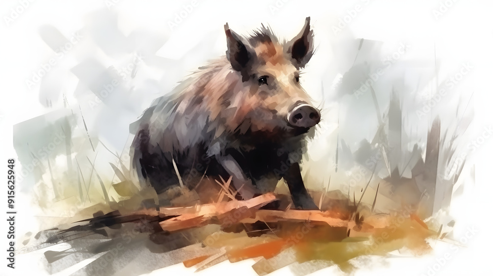 Wall mural boar in nature watercolor style