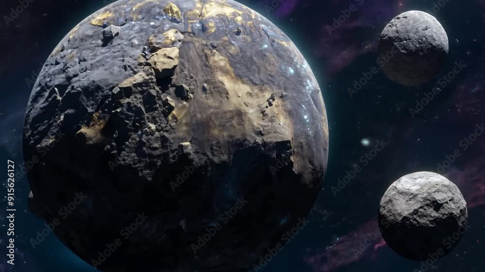 Poster planets and asteroids in deep space with vibrant cosmic background generative ai