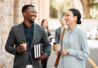 Happy, career people and lawyers in outdoor with walking, laughing or collaboration as colleagues. Coworkers, talking and confident as group for team building, employee or professional for law firm