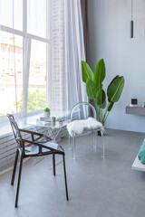 stylish discreet interior of the sleeping area in a modern studio in white-gray colors with green plants. daylight and no people inside