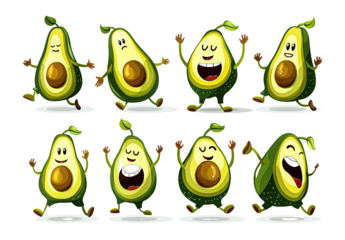 Set of cute smiling avocado characters in different poses with party hats, stars, and hearts isolated on transparent background