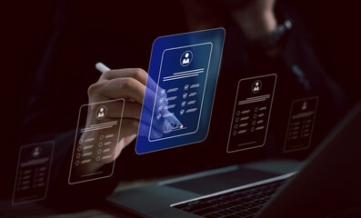 Human Resource Management (HR) concept: a businessman uses an interface for recruitment, leadership...