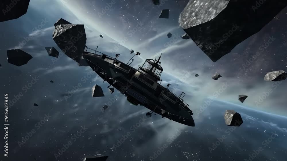 Poster spaceship navigating through asteroid belt in deep space generative ai