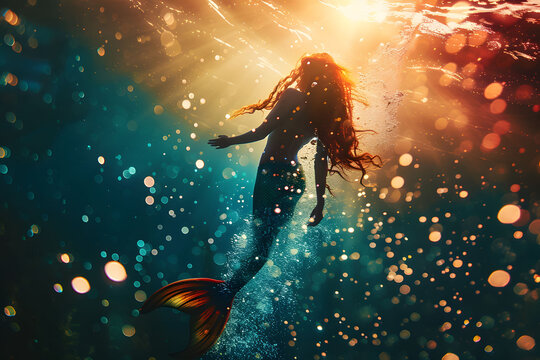 Realistic Beautiful mermaid swimming in the depths of the ocean, elegant mythical creature