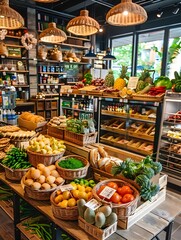 Fototapeta premium Fresh Produce and Bakery Display in a Cozy Shop.