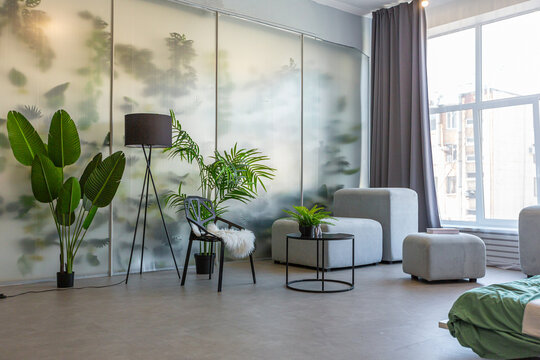 a spectacular area with a table and chair against the backdrop of a transparent designer partition behind which there are plants