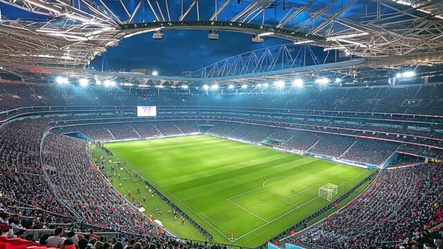 A football stadium featuring a packed arena and pitch