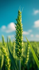 Close up of green wheat in a field. Agriculture and cereal crop concept. Design for packaging, agricultural banner with copy space.