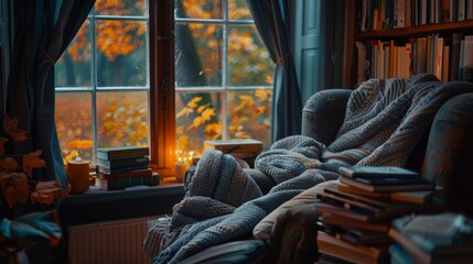 Fototapeta premium Cozy Autumn Reading Nook with Nature Views