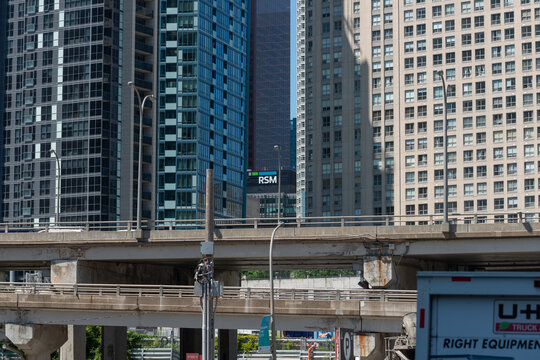 general view of buildings in downtown Toronto, Canada with Gardiner Expressway below (RSM sign located at building on Melinda Street)