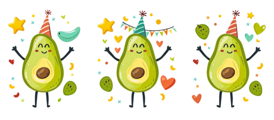 Set of cute smiling avocado characters in different poses with party hats, stars, and hearts isolated on transparent background