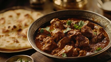 A bowl filled with meat served next to a plate of bread