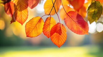 Obraz premium Autumn colorful bright leaves swinging in a tree in autumnal park