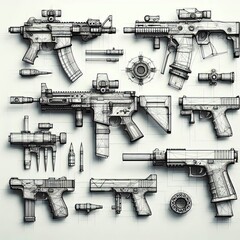 minimal modern and avant garde weapon gun sketches on a white background, 16:9. 3D Rendering. AI generated