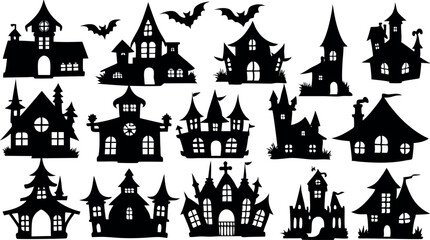 Set of silhouettes of Halloween house