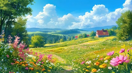 Idyllic countryside scene featuring a charming landscape with vibrant flowers and tranquil scenery