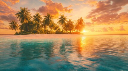 Fototapeta premium Deserted Island at Sunset with Crystal-Clear Turquoise Waters, Pristine White Sand, Lush Palm Trees, and Vibrant Orange-Pink Sky