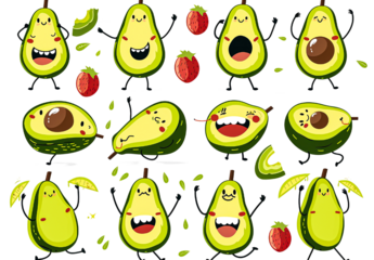 Set of cute smiling avocado characters in different poses with party hats, stars, and hearts isolated on transparent background
