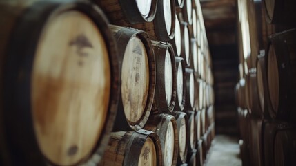 A collection of wooden barrels stacked high in a neat pile