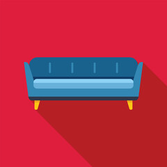 Blue sofa standing in an empty room with a red wall, concept of minimalism in interior design