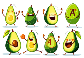 Set of cute smiling avocado characters in different poses with party hats, stars, and hearts isolated on transparent background
