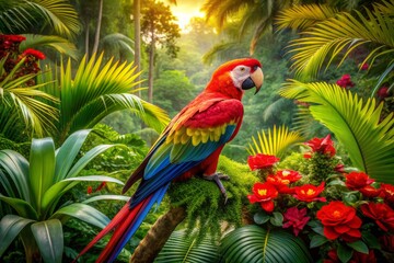Vibrant macaw perches amidst lush green foliage, surrounded by exotic flowers, palms, and ferns, creating a kaleidoscope of bright colors and textures in a tropical paradise. © Sirinporn