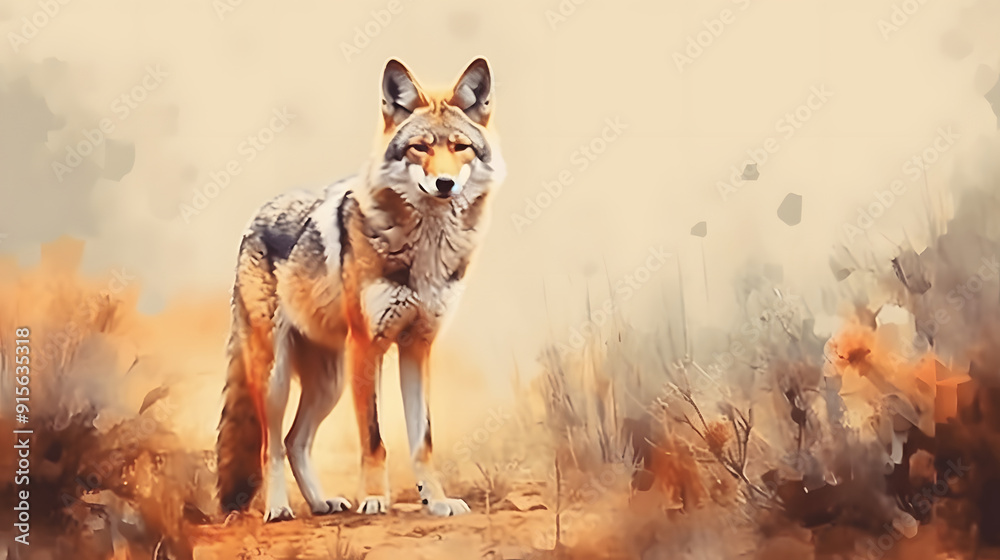 Sticker coyote in nature watercolor style