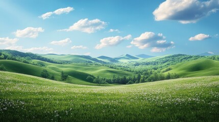 Obraz premium Peaceful countryside landscape with rolling hills, clear blue sky, and a gentle breeze