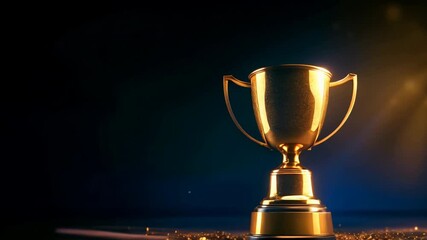 Winner trophy with flames, golden champion cup with falling confetti on dark background	
