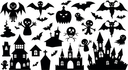 Set of silhouettes of Halloween on a white background. template and decoration. Vector illustration