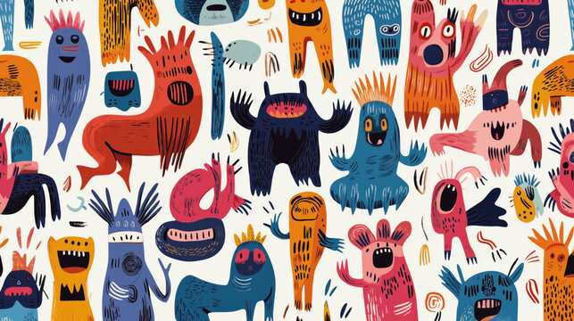 Colorful seamless pattern featuring various whimsical and abstract monster characters with playful expressions and unique designs on a light background.