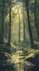 Obraz premium Misty ancient forest at dawn with moss-covered trees, sunlight streaming through the canopy, and a tranquil river reflecting golden light
