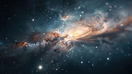 Cosmic scene of a nebula gradually taking shape, with bright gaseous filaments and stellar nurseries emerging.