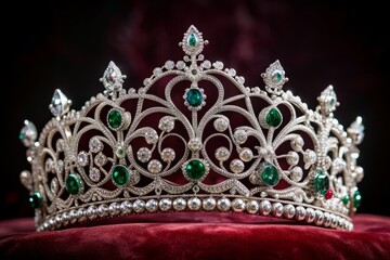 Obraz premium Exquisite silver tiara adorned with intricate filigree, sparkling diamonds, and delicate gemstones, resting on a velvet pedestal, evoking opulence and regal sophistication.