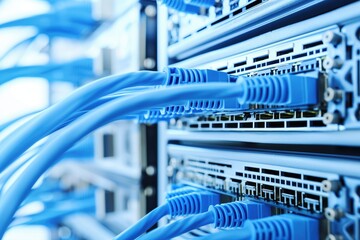 A network of blue Ethernet cables links various data servers, creating a vibrant, organized display of advanced technology and connectivity in a cutting-edge facility