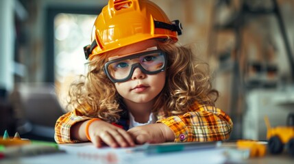 Little child wearing engineer equipment, dreaming and striving towards the goal of learning