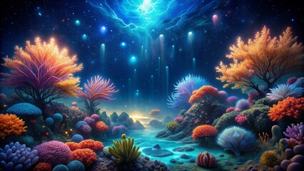 Vibrant bioluminescent coral illuminates the dark seabed, surreal tendrils swaying gently in the current, amidst a tranquil, starry night ocean backdrop of soft, luminescent blues.