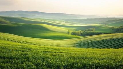 Fototapeta premium Tranquil countryside view with gentle hills, a clear horizon, and vibrant green fields
