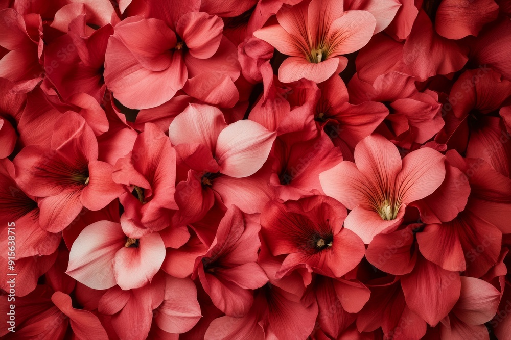 Poster Bright Aerial View of Red Alstroemerias Displayed in Serried Row Creating Symmetrical Geometric Pattern, Pastel Tones, Diffused Lighting, Textured Background