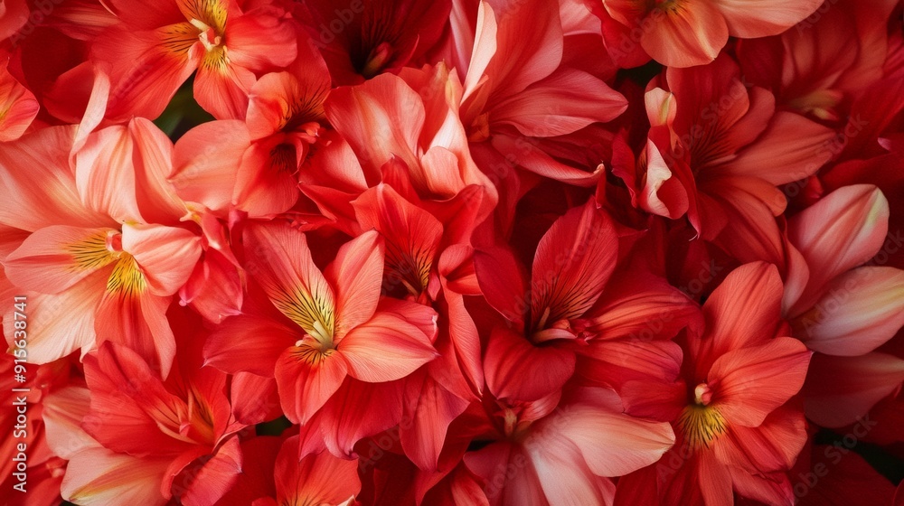 Aufkleber Aerial View of Red Alstroemerias in Symmetrical Geometric Pattern with Bright, Diffused Light Emphasizing Textured Details and Depth