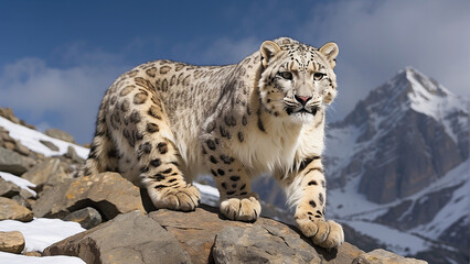 Painting of a leopard standing on a rock in front of a mountain ai generative photo