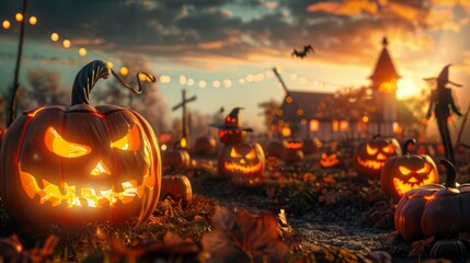 glowing halloween pumpkin patch with evil face