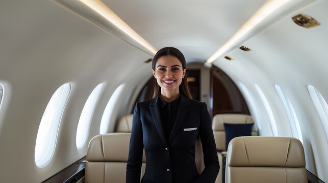 Beautiful female cabin crew air hostess smiling at the camera, Flight attendant private jet luxury airline. - Powered by Adobe
