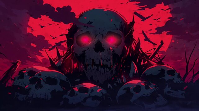 halloween scary skull with red eye in anime or cartoon illustration style animation looping video animated background 
