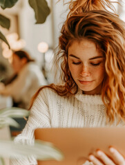 A woman with red hair is sitting in front of a laptop computer