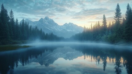 Fototapeta premium Tranquil Mountain Lake at Dawn with Snow-Capped Peaks, Evergreen Forests, and Morning Mist