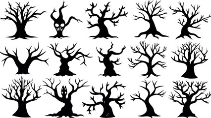 Set of silhouettes of Halloween Spooky Trees