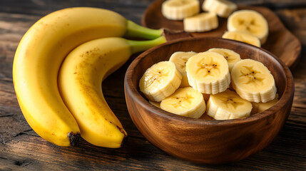 Fresh Banana Slices: Rustic Wooden Bowl Display for Healthy Eating