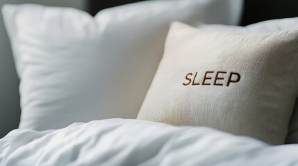 Cozy Warm Beige SLEEP Pillow Letters in Soft Bed, Minimalist Bedroom, Serene Modern Composition, Wide-angle View, Soft Diffused Lighting